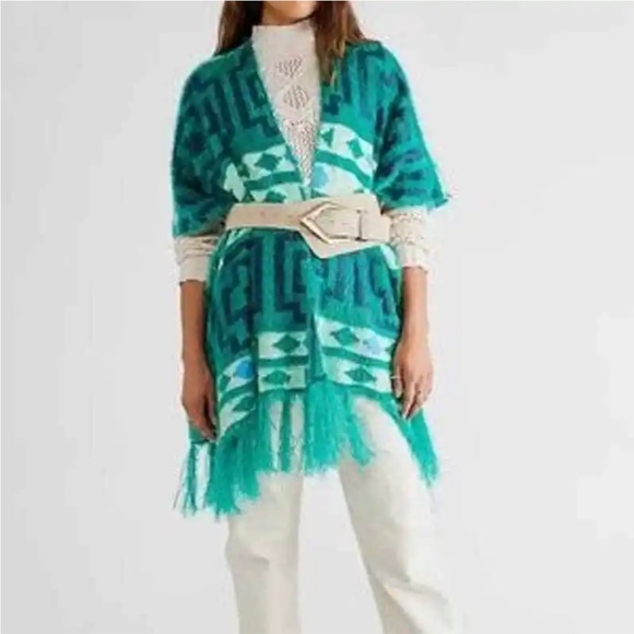 New Free People Diamondback Cozy Fringe Kimono O/S Green Aztec Geometric Pattern